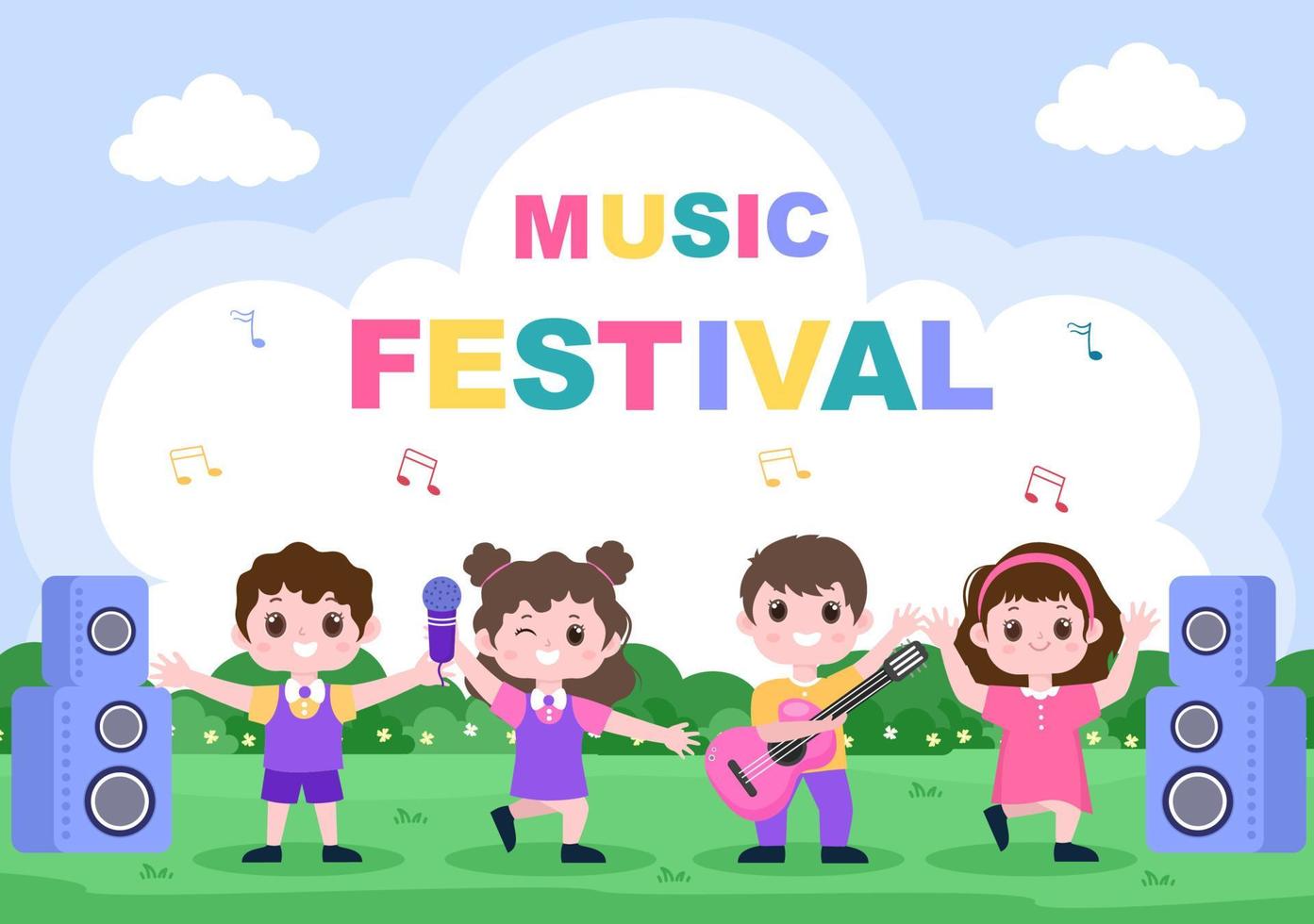 illustration vectorielle de fond de festival de musique avec des instruments de musique et des performances de chant en direct pour un modèle d'affiche, de bannière ou de brochure vecteur