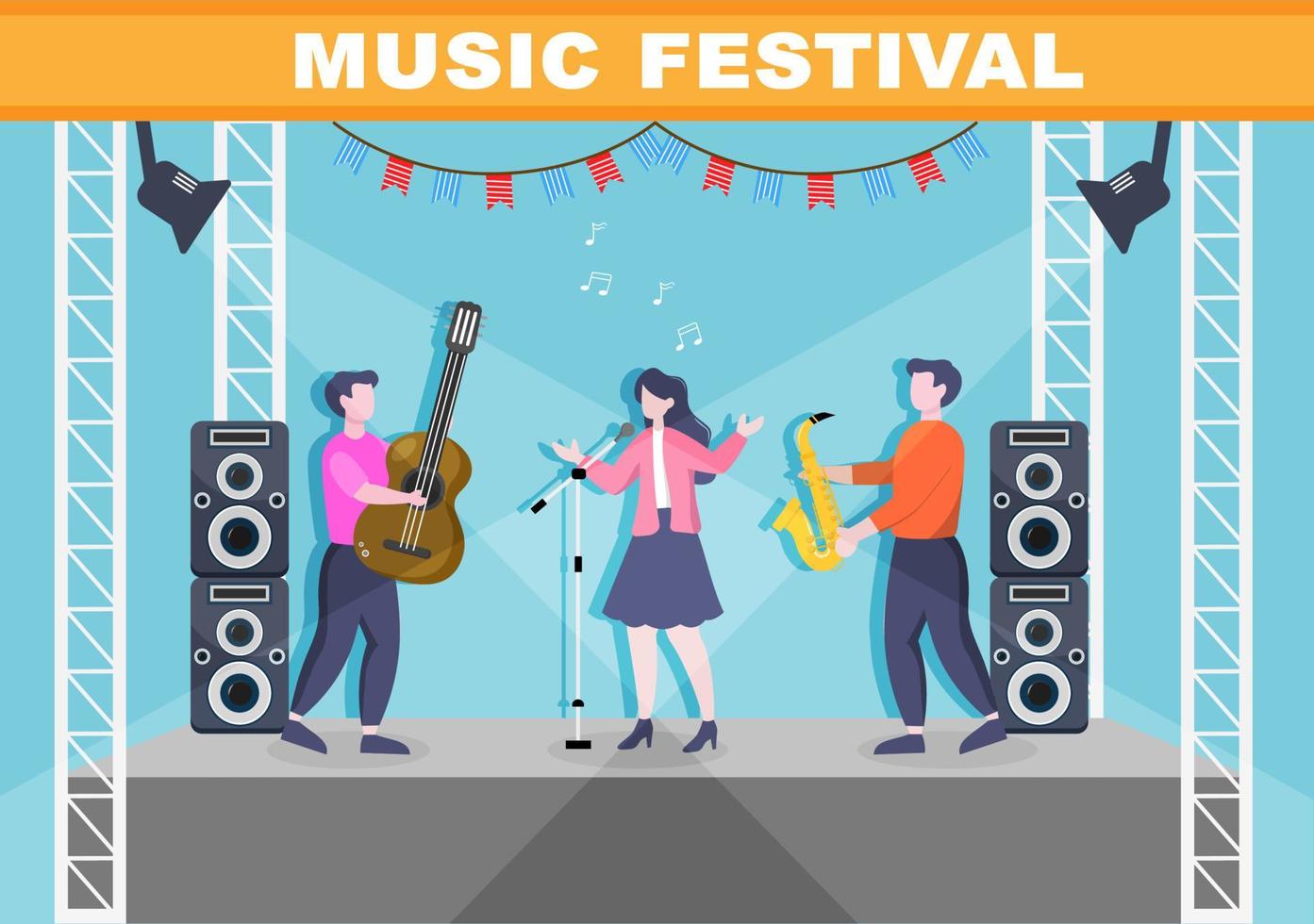 illustration vectorielle de fond de festival de musique avec des instruments de musique et des performances de chant en direct pour un modèle d'affiche, de bannière ou de brochure vecteur