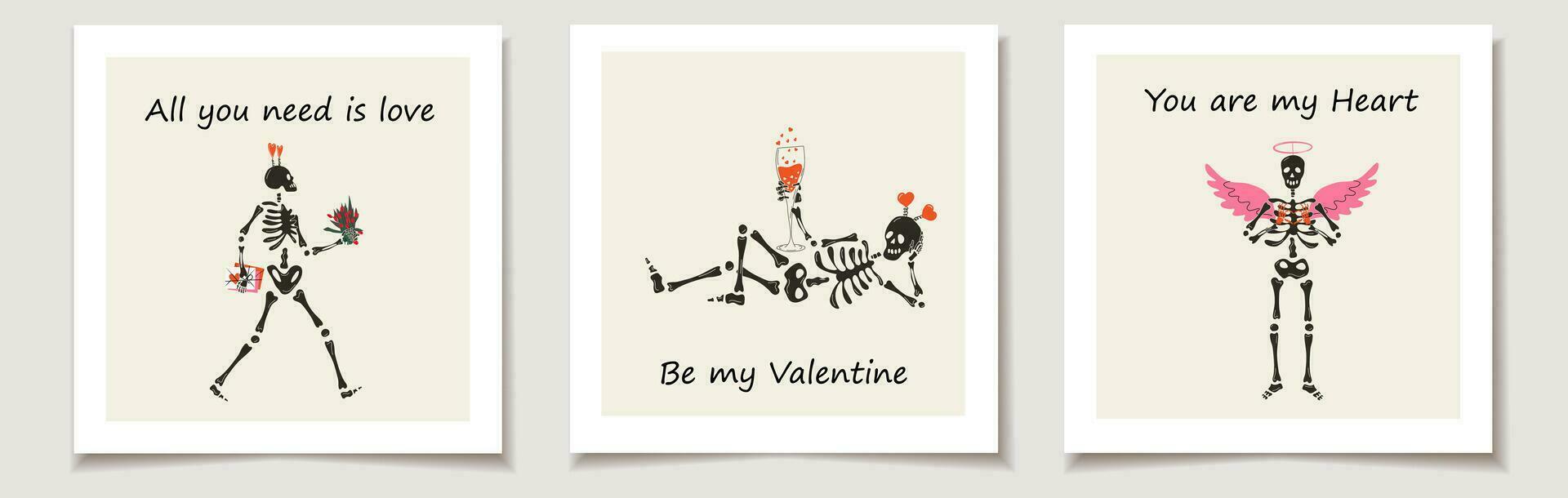 ensemble de la Saint-Valentin journée cartes avec squelette avec décor pour la Saint-Valentin journée. aimer, la Saint-Valentin journée vecteur