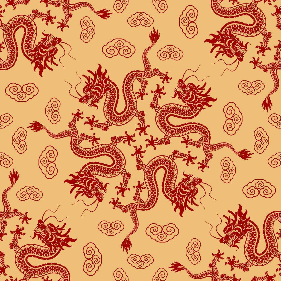 sans couture modèle content chinois Nouveau année 2024 le dragon zodiaque signe avec asiatique éléments papier Couper style sur Couleur Contexte. vecteur