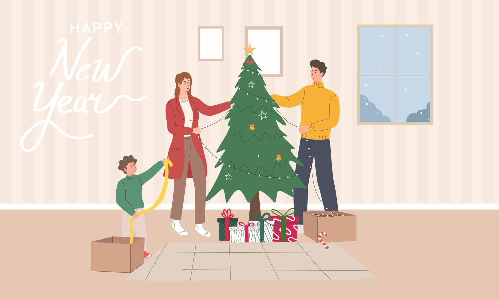 familles heureuses avec enfants en vacances d'hiver à la maison joyeux gens décorant l'arbre de noël vecteur