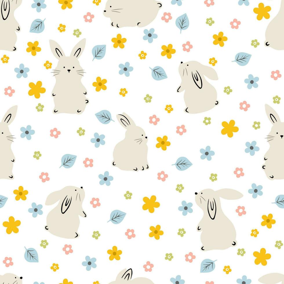 mignonne sans couture blanc lapins avec fleurs et feuilles. lapin animal sur blanc Contexte pour Pâques décor vecteur