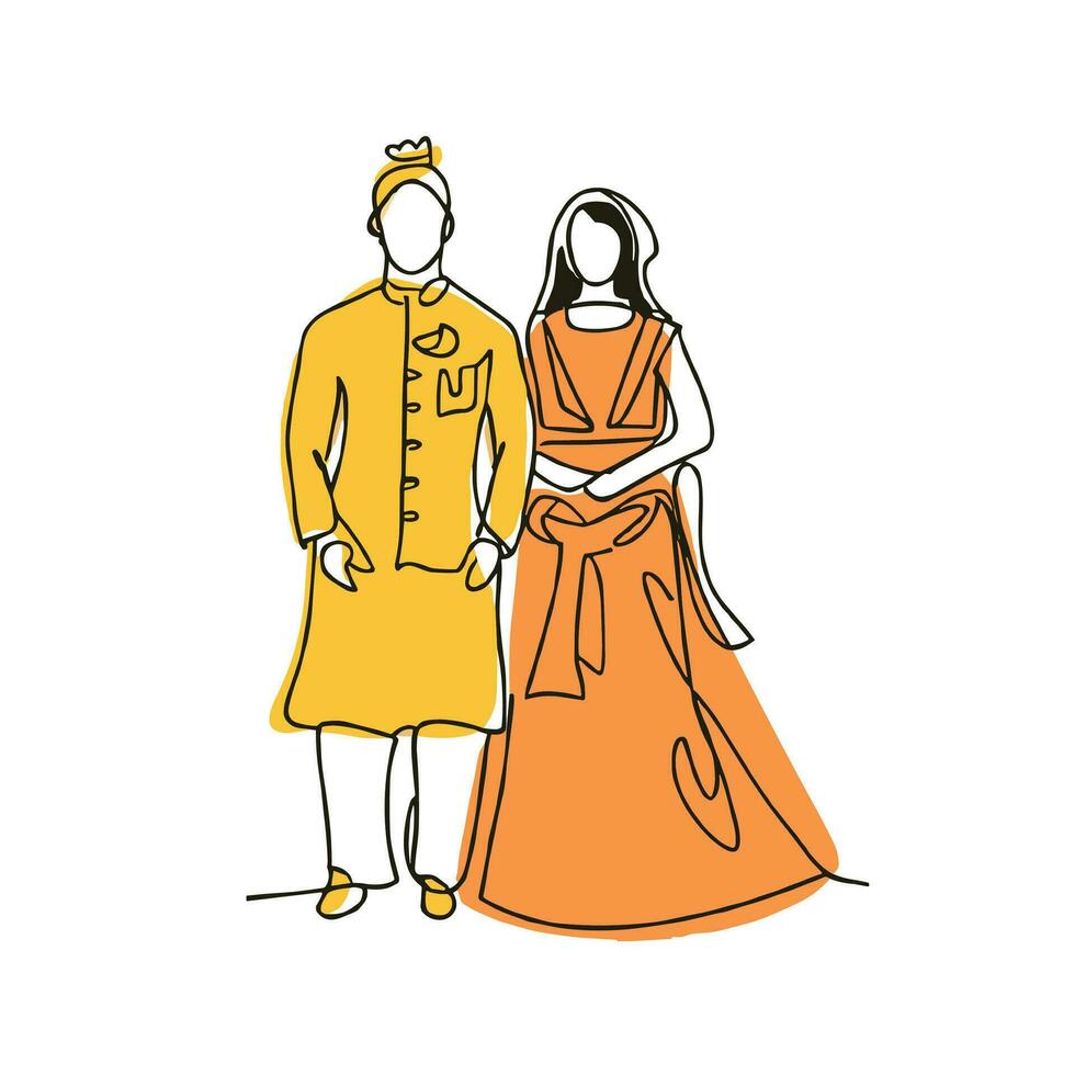 Indien couple dessin animé dans traditionnel robe posant pour mehndi la cérémonie invitation carte conception vecteur