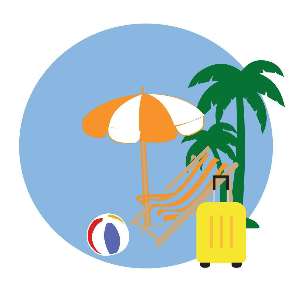 été vacances plage vacances thème podium avec été ensemble plage éléments. vecteur illustration Voyage à thème vecteur Contexte tropical plage. avec paume des arbres, turquoise des eaux, et Soleil transats.