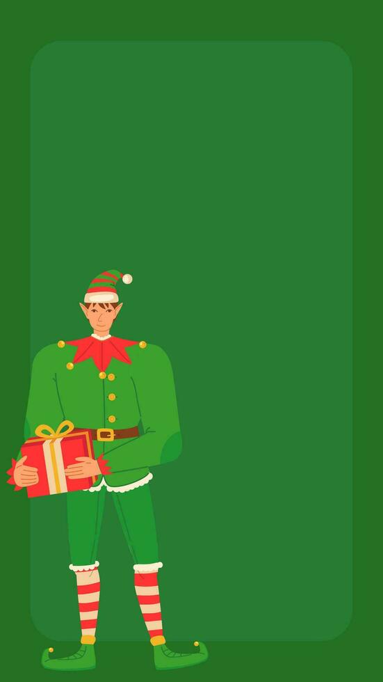 vert social médias histoires Contexte modèle avec Noël elfe en portant cadeau. vecteur