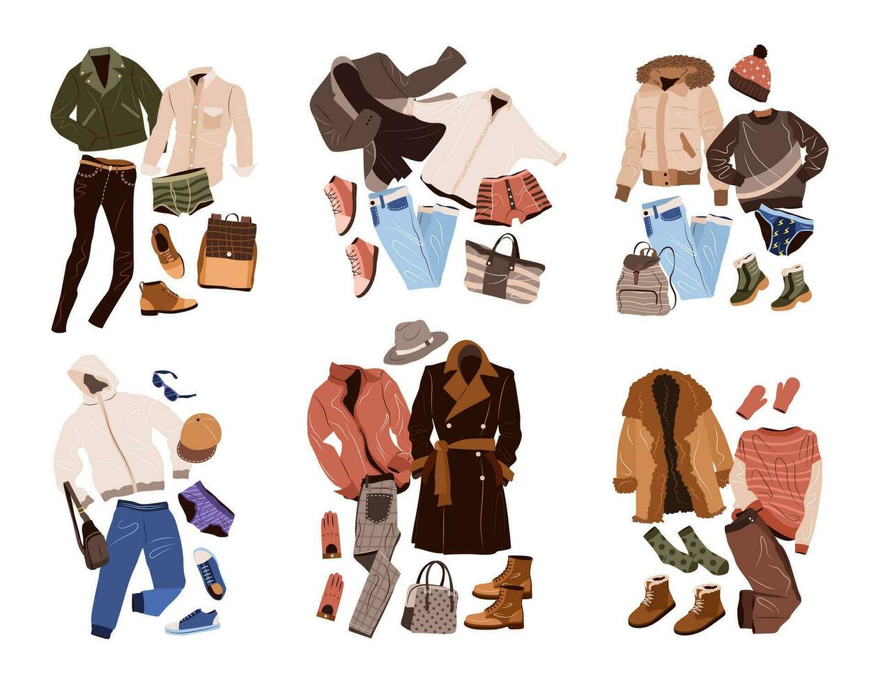 tenues ensemble dans décontractée style pour Hommes. mode vêtements, accessoires, des chaussures pour tomber et l'hiver. isolé plat vecteur des illustrations sur blanc Contexte.