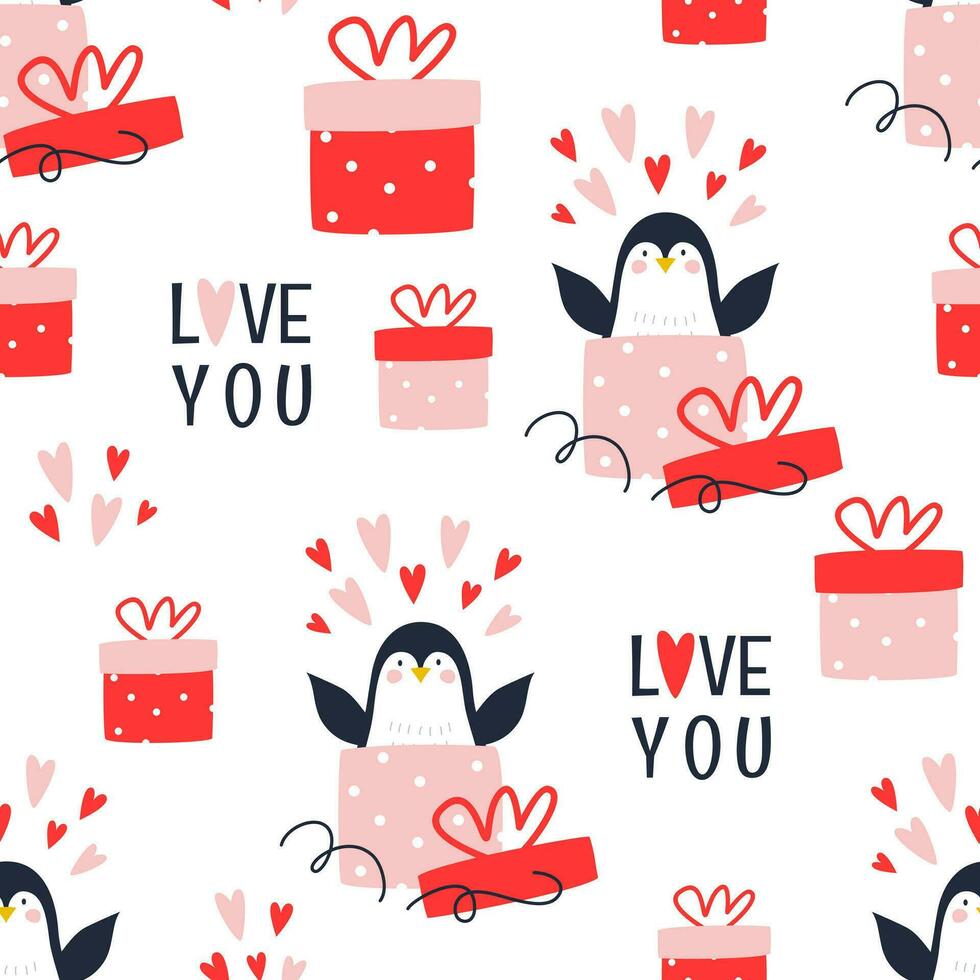 modèle avec mignonne pingouins et cadeaux. vecteur illustration pour la Saint-Valentin journée.