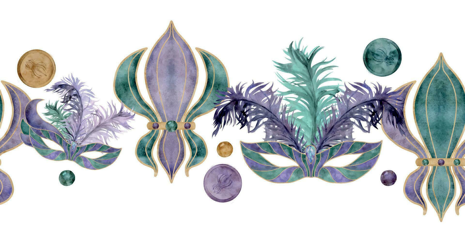 main tiré aquarelle mardi gras carnaval symboles. théâtre mascarade masque plumes, fleur de lis français lis iris perles. sans couture bannière isolé sur blanc Contexte. fête invitation, imprimer, magasin vecteur