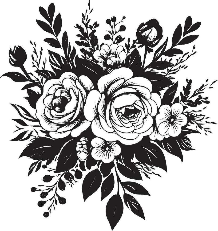 élégant pétale grappe décoratif noir floral logo complexe fleur ensemble noir vecteur icône