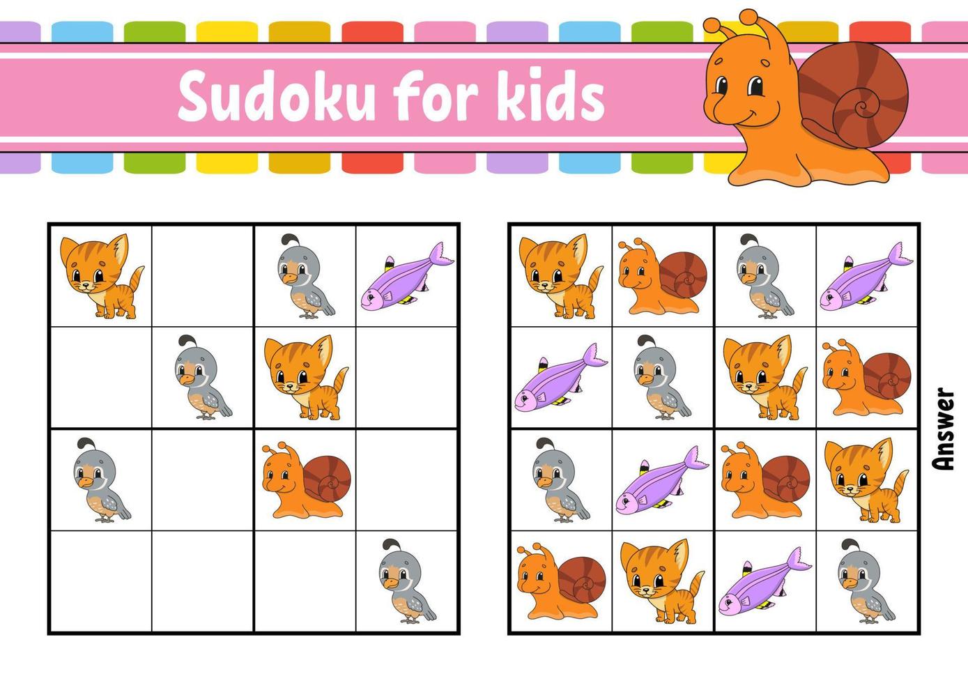 sudoku pour les enfants. feuille de travail de développement de l'éducation. page d'activité avec des images. jeu de puzzle pour les enfants et les tout-petits. formation à la pensée logique. illustration vectorielle isolée. style de bande dessinée. vecteur