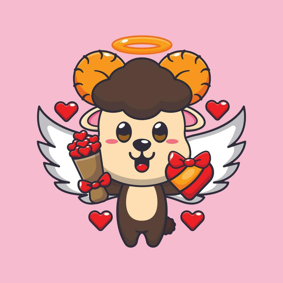 mignonne RAM mouton Cupidon dessin animé personnage en portant l'amour cadeau et l'amour bouquet. vecteur