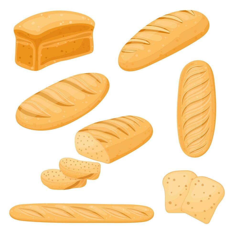 pain ensemble, boulangerie icône, tranché Frais blé pain. vecteur isolé sur une blanc Contexte