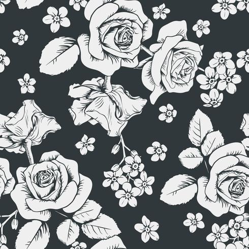 Roses blanches et fleurs de myosotis sur fond noir. Modèle sans couture. Illustration vectorielle vecteur