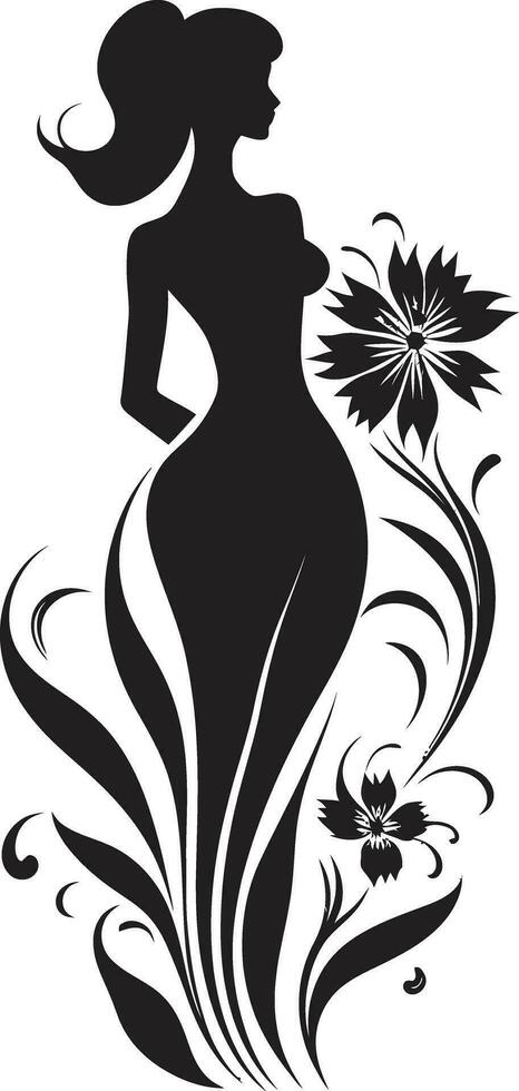 élégant botanique ensemble vecteur femme dans plein floral Floraison gracieux plein corps fleurs noir emblème conception avec femme
