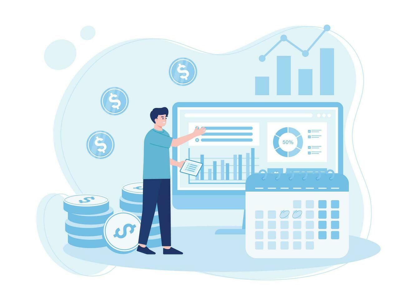 analystes préparer mensuel rapports. calendrier graphique concept plat illustration vecteur