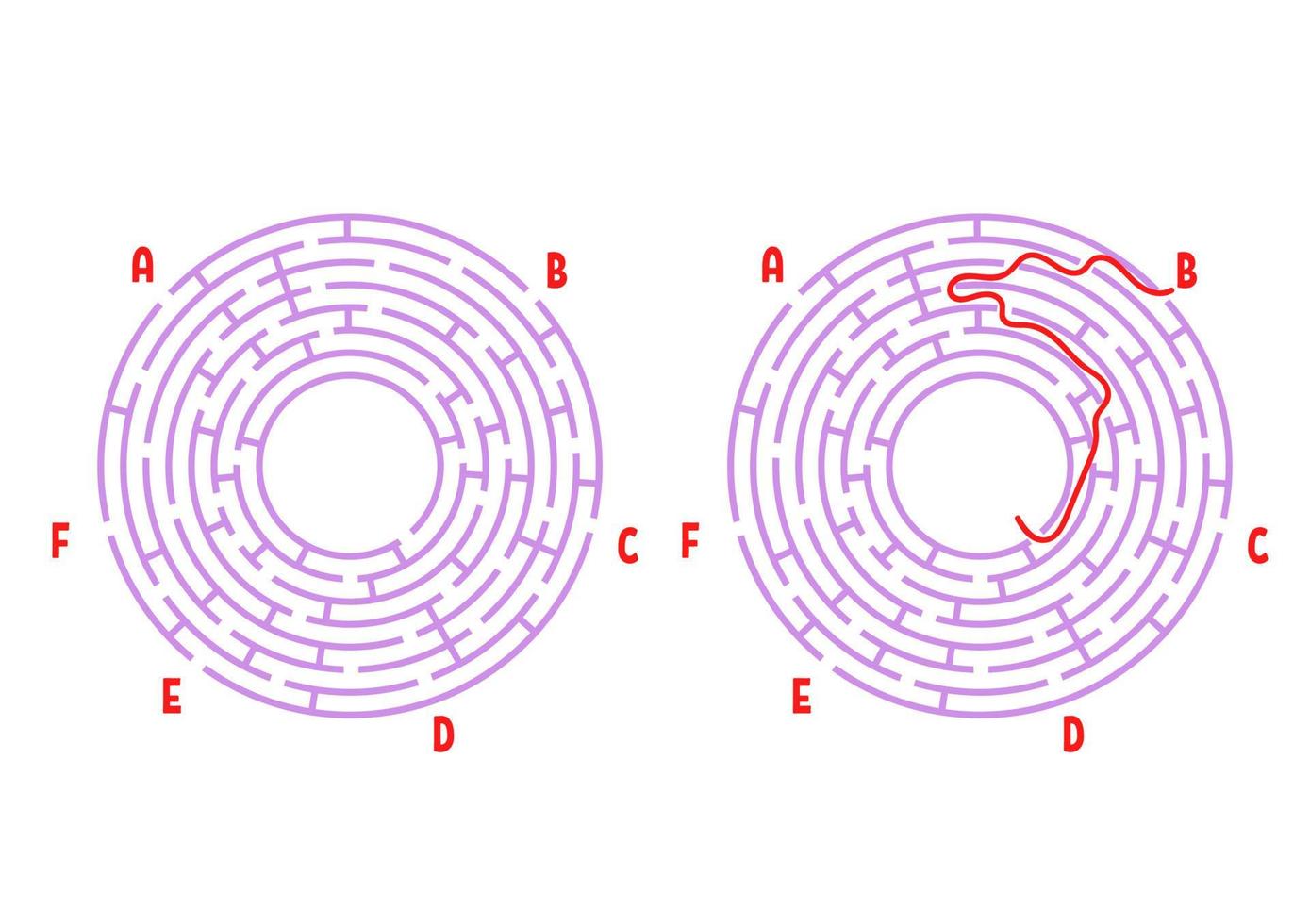 labyrinthe rond de couleur. jeu pour les enfants. casse-tête pour les enfants. énigme du labyrinthe. illustration vectorielle plane isolée sur fond blanc. avec la réponse. avec place pour votre image. vecteur