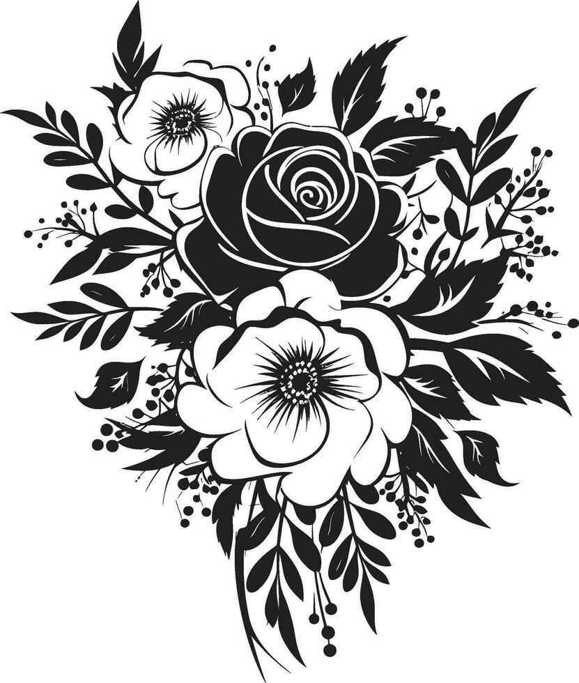 enchanté chic élégance décoratif noir logo sophistiqué floral grappe noir vecteur bouquet