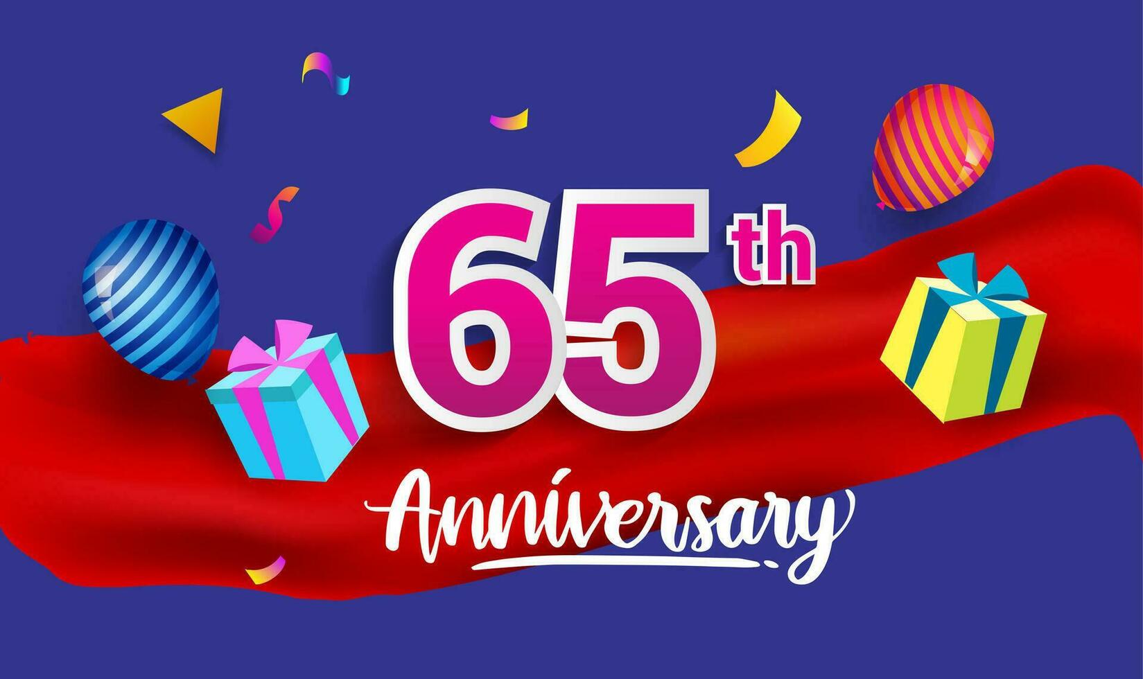 65e ans anniversaire fête conception, avec cadeau boîte et des ballons, ruban, coloré vecteur modèle éléments pour votre anniversaire célébrer faire la fête.