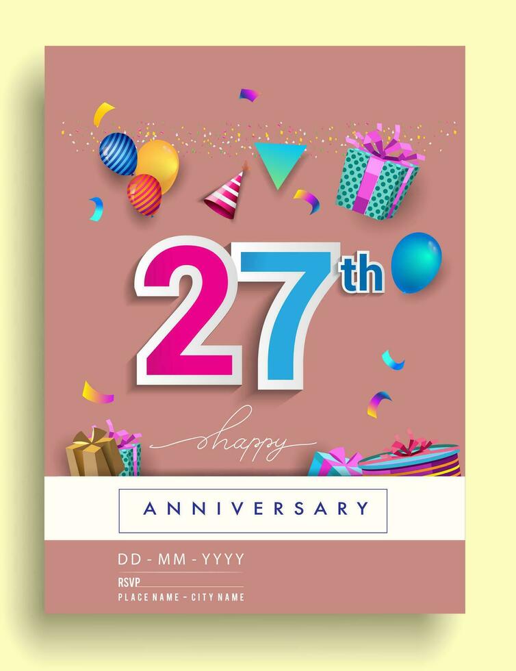 27e ans anniversaire invitation conception, avec cadeau boîte et des ballons, ruban, coloré vecteur modèle éléments pour anniversaire fête faire la fête.