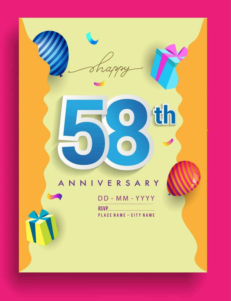 58ème ans anniversaire invitation conception, avec cadeau boîte et des ballons, ruban, coloré vecteur modèle éléments pour anniversaire fête faire la fête.