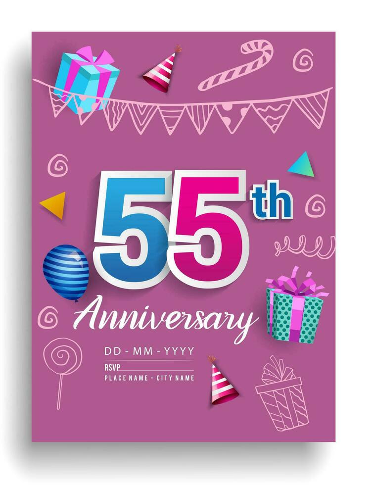 55ème ans anniversaire invitation conception, avec cadeau boîte et des ballons, ruban, coloré vecteur modèle éléments pour anniversaire fête faire la fête.