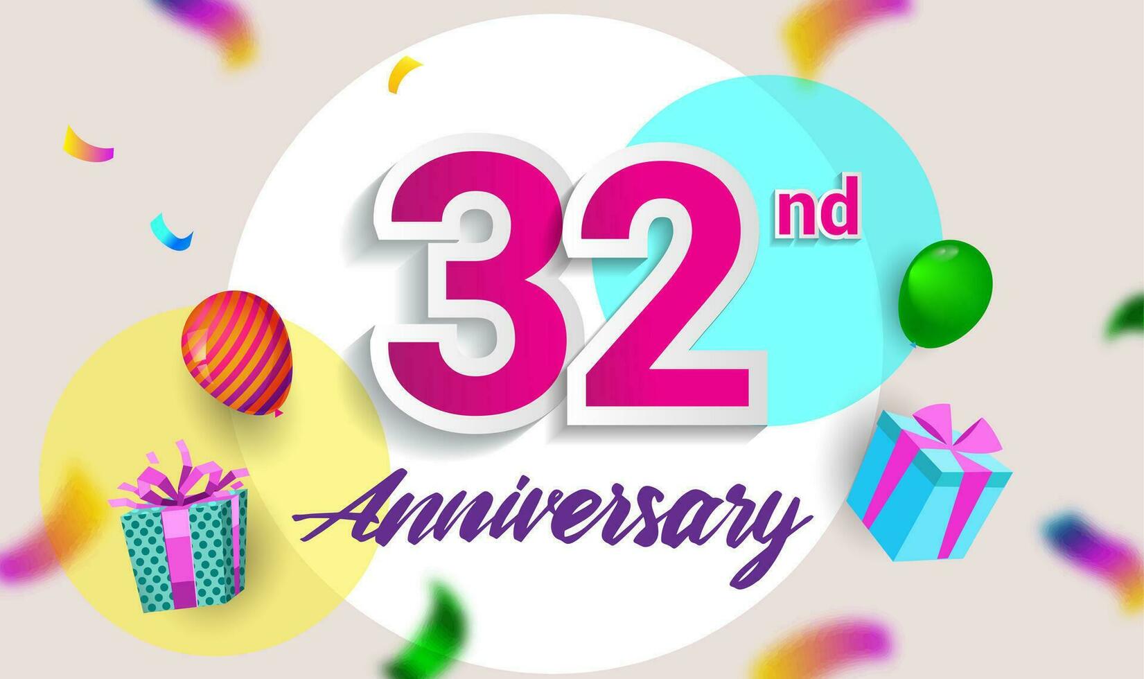 32e ans anniversaire fête conception, avec cadeau boîte et des ballons, ruban, coloré vecteur modèle éléments pour votre anniversaire célébrer faire la fête.