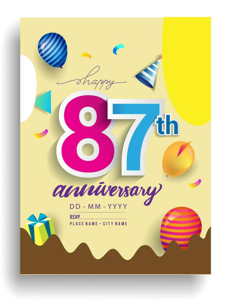 87e ans anniversaire invitation conception, avec cadeau boîte et des ballons, ruban, coloré vecteur modèle éléments pour anniversaire fête faire la fête.
