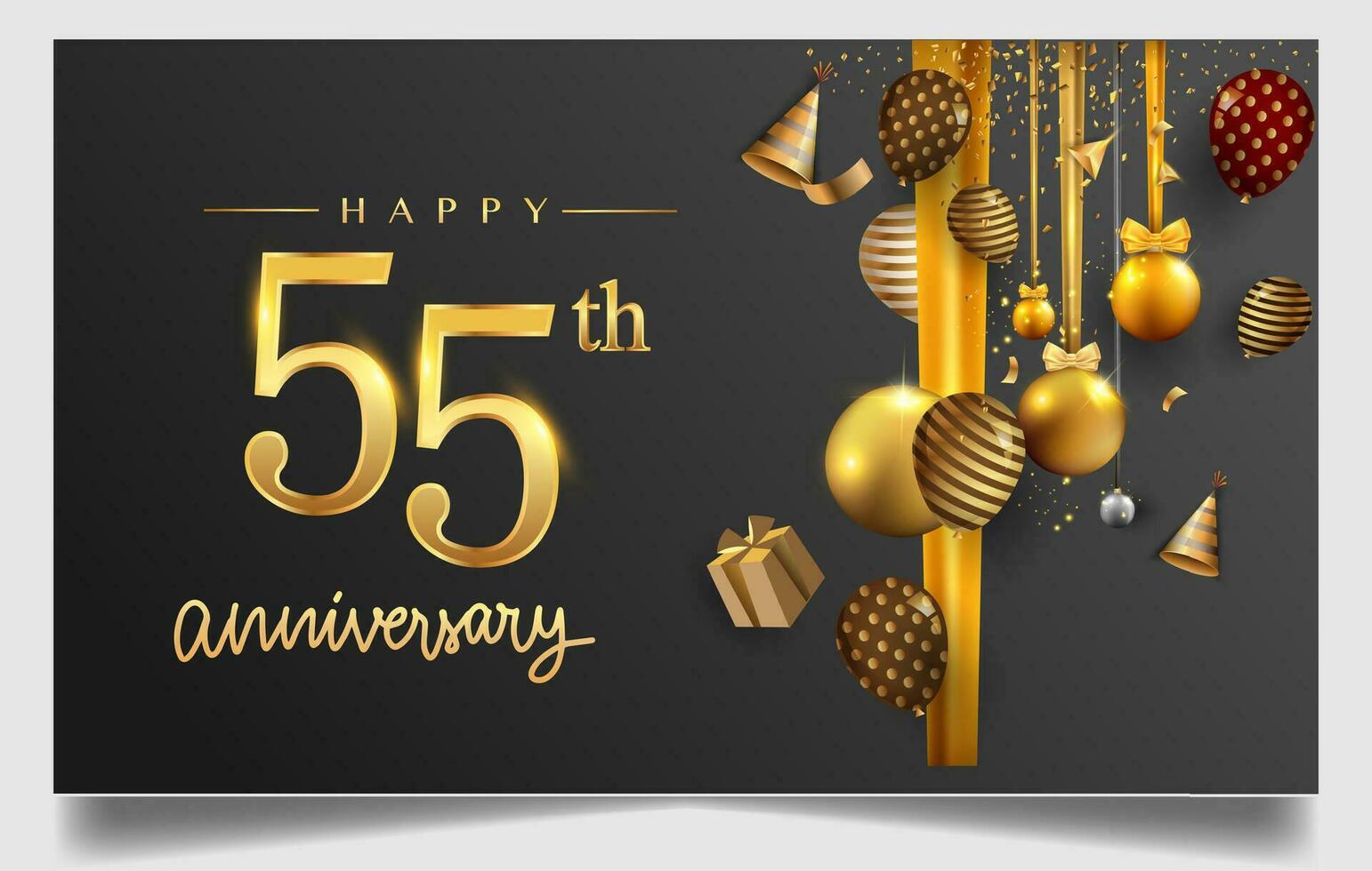 50e ans anniversaire conception pour salutation cartes et invitation, avec ballon, confettis et cadeau boîte, élégant conception avec or et foncé couleur, conception modèle pour anniversaire fête. vecteur
