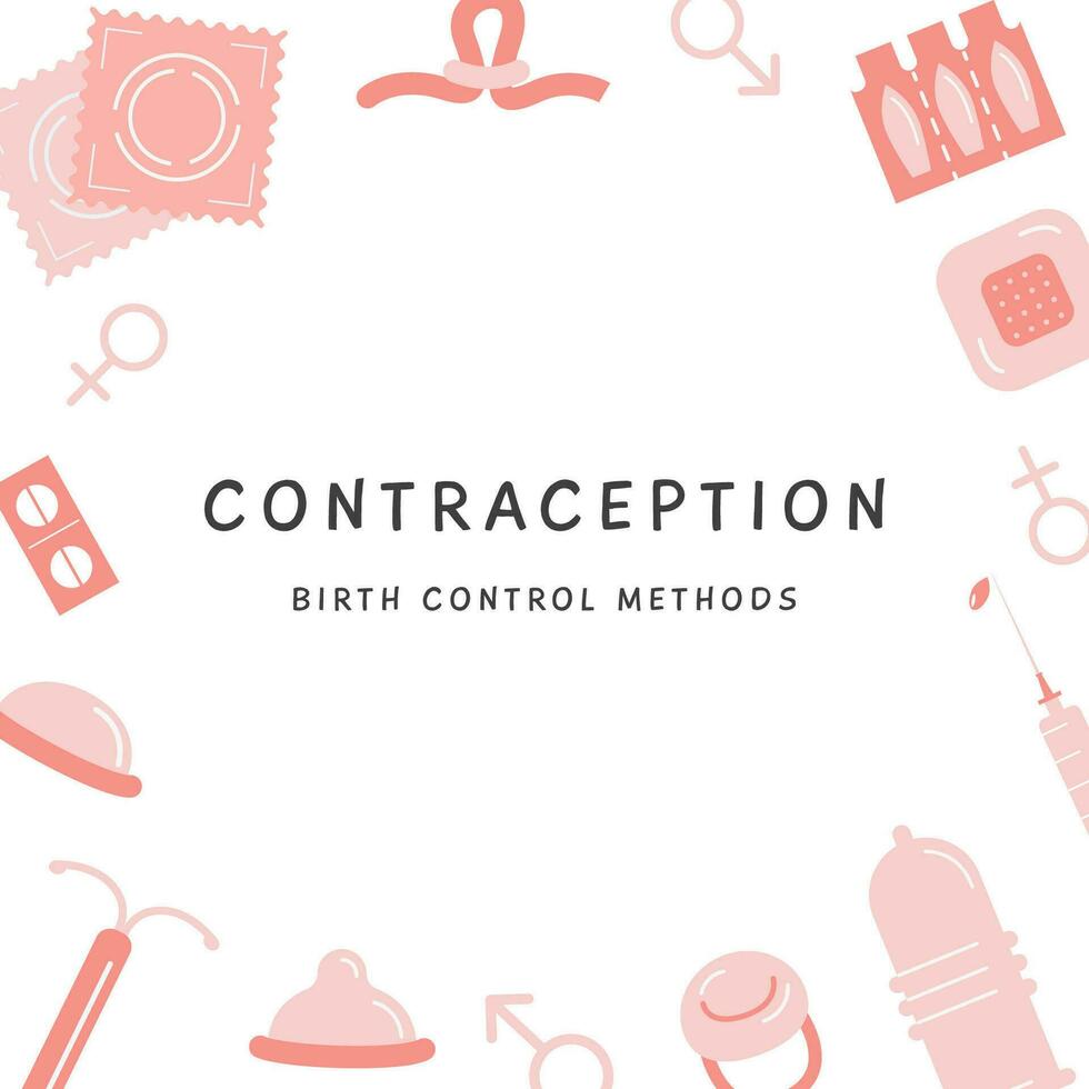 naissance contrôle méthodes carré bannière avec endroit pour texte. Cadre ou frontière avec la contraception coloré plat Icônes. sûr sexe contraceptif articles dans cercle. vecteur carte illustration dans plat style.