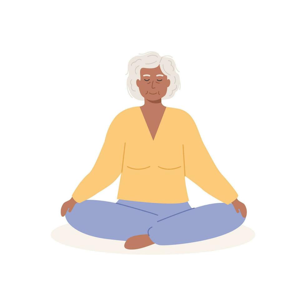 moderne personnes âgées africain femme avec franchi jambes et fermé yeux méditer. Sénior vieux mamie séance et pratiquant yoga, pleine conscience méditation, souffle contrôle des exercices. vecteur plat illustration.