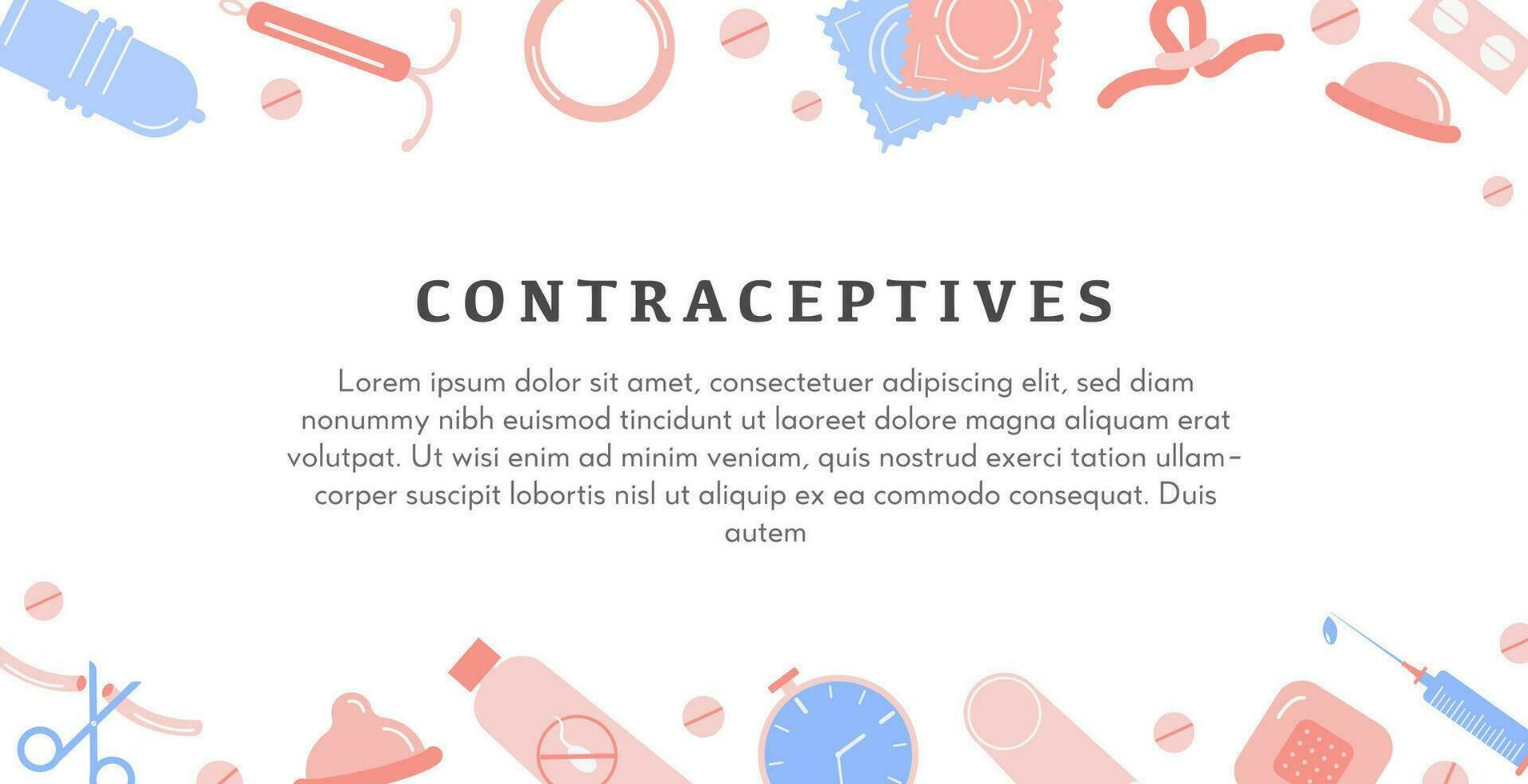 naissance contrôle méthodes horizontal bannière modèle avec endroit pour texte. la contraception coloré plat Icônes. vecteur éléments pour sûr sexe. femelle et Masculin contraceptif articles. plat style Contexte.