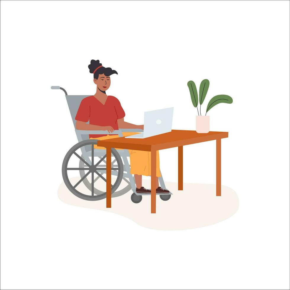 Jeune moderne désactivée homme femme dans fauteuil roulant travail à ordinateur dans confortable bureau. concept de diverse gens emploi avec handicapées. plat vecteur illustration isolé sur blanche.