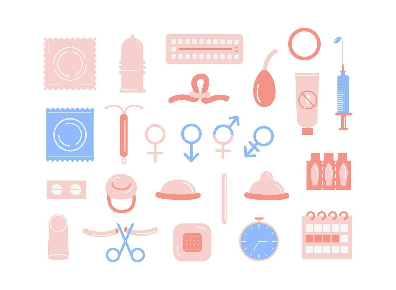 la contraception coloré plat Icônes ensemble. naissance contrôle méthodes. contraceptif correctif, hormonale anneau, iud, injection, pilules, diaphragme, préservatif, éponge, les spermicides, stérilisation. sûr sexe vecteur éléments.