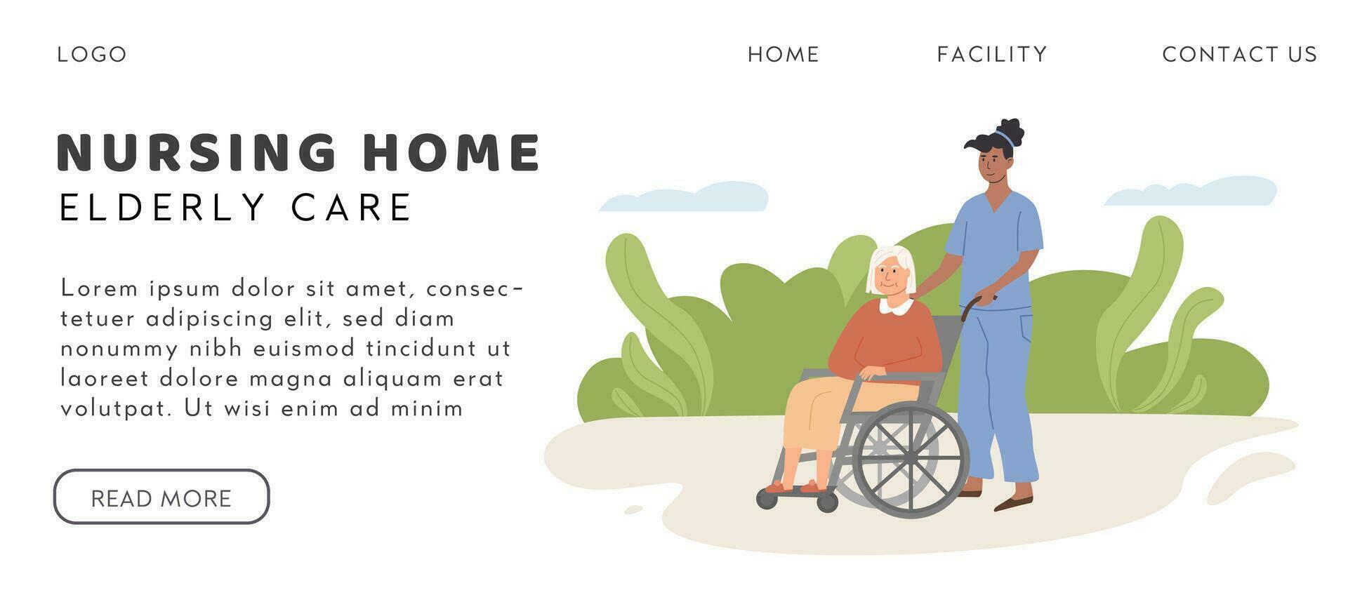 concept de allaitement maison. une soignant avec vieux âge femme sur fauteuil roulant. une chambre dans retraite maison. scène de désactivée Sénior la personne avec social ouvrier à maison. vecteur plat style bannière.