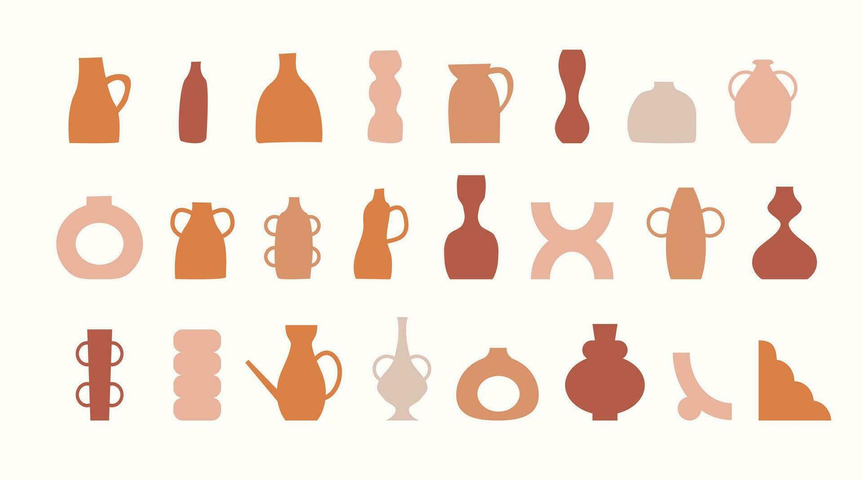 collection de branché vases. minimaliste antique céramique poterie pour intérieur. ensemble de terreux jags et fleur des pots dans minimaliste pastel terre cuite couleurs. vecteur boho scandinave style illustration.