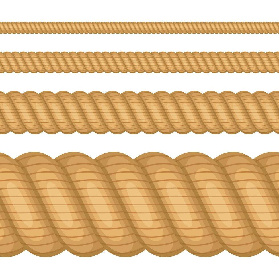 ensemble de différent épaisseur Cordes isolé sur blanc Contexte. nautique tordu corde, marron ficelle dans plat dessin animé style. vecteur illustration