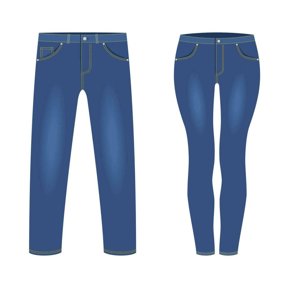 Pour des hommes et aux femmes foncé bleu denim jeans un pantalon isolé sur blanc Contexte. branché mode denim décontractée vêtements, jeans tenue habits des modèles. vecteur