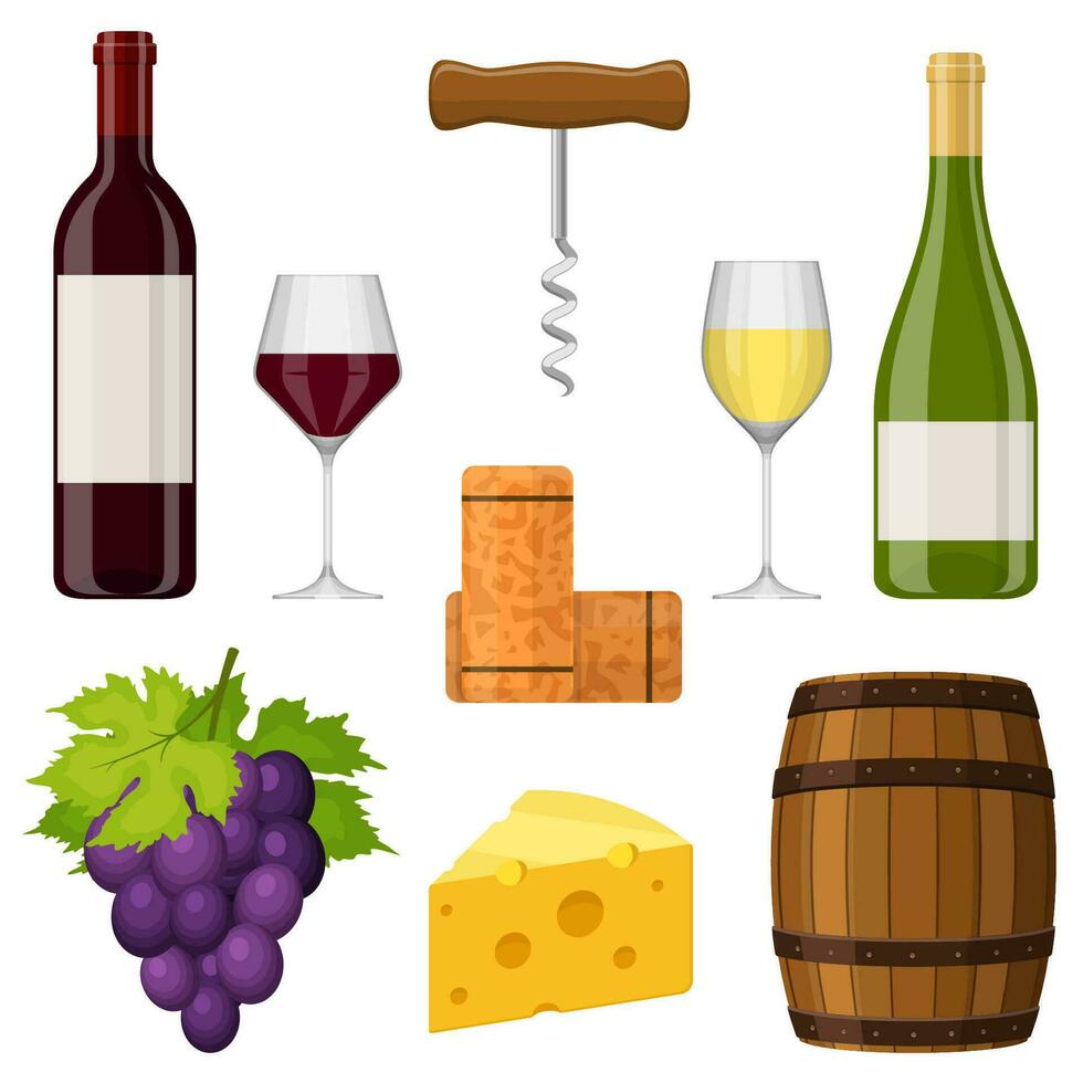 du vin ensemble vecteur conception éléments sur blanc Contexte. du vin bouteille, du vin verre, fromage, un tire-bouchon, Liège, grain de raisin et baril. vinification dans plat style. vecteur illustration