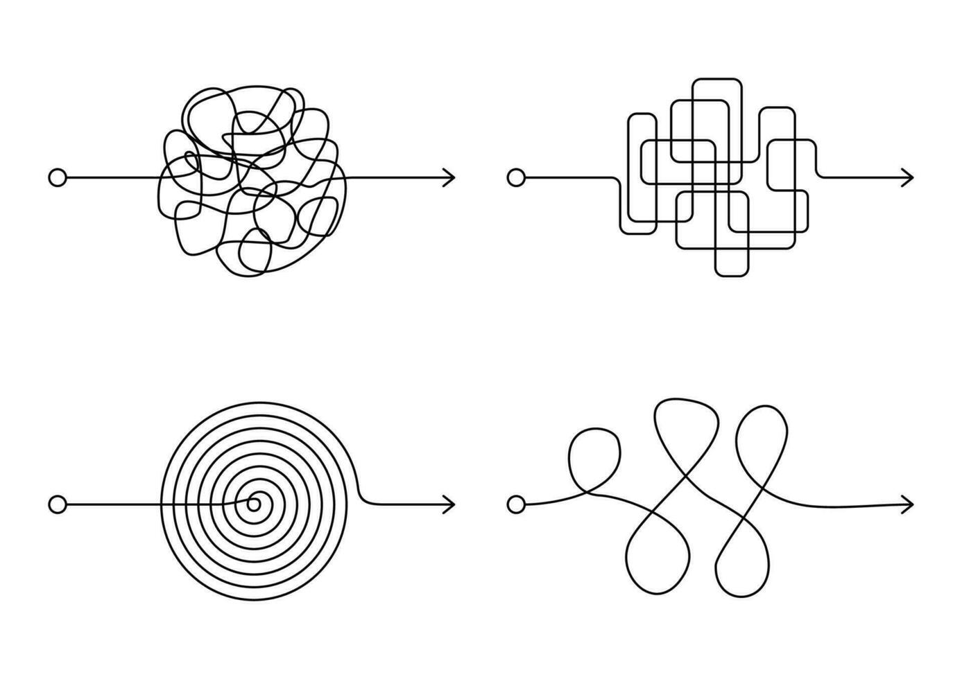 insensé désordonné ligne ensemble, compliqué indice façon sur blanc Contexte. emmêlé griffonner chemin, chaotique difficile processus façon. incurvé noir doubler, résolution une complexe problème ou quête. vecteur illustration