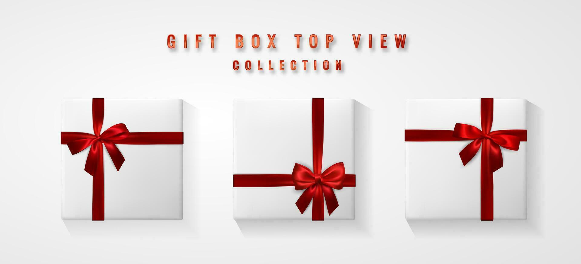 ensemble blanc cadeau boîte avec rouge arc et ruban Haut voir. élément pour décoration cadeaux, salutations, vacances. vecteur illustration