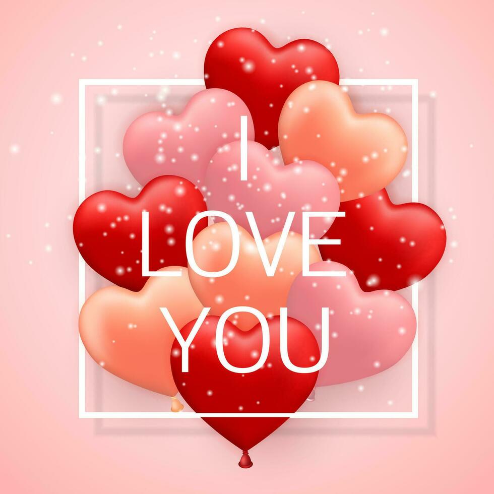 je l'amour toi, content valentines jour, rouge, rose et Orange ballon dans forme de cœur avec ruban vecteur image