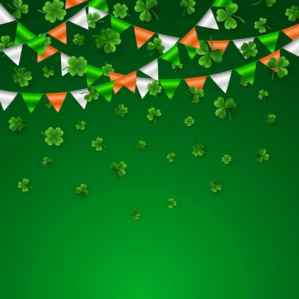 Saint patrick's journée frontière avec vert quatre et arbre 3d feuille trèfles avec drapeaux guirlande. irlandais chanceux et Succès symboles. vecteur illustration