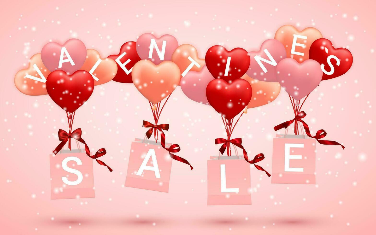 vente, content valentines journée arrière-plan, rouge, rose et Orange ballon dans forme de cœur avec arc et ruban et papier achats sac. vecteur illustration