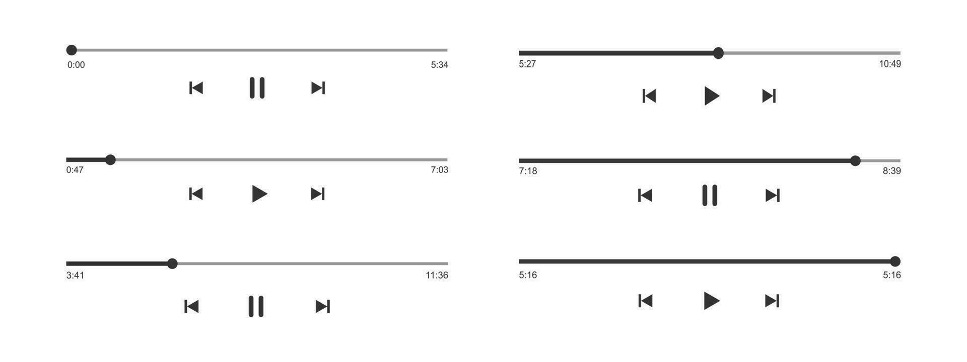 l'audio ou vidéo joueur le progrès chargement bars avec temps glissière, jouer et pause, rembobiner et vite vers l'avant boutons. ensemble de lecteur multimédia relecture interface modèles vecteur