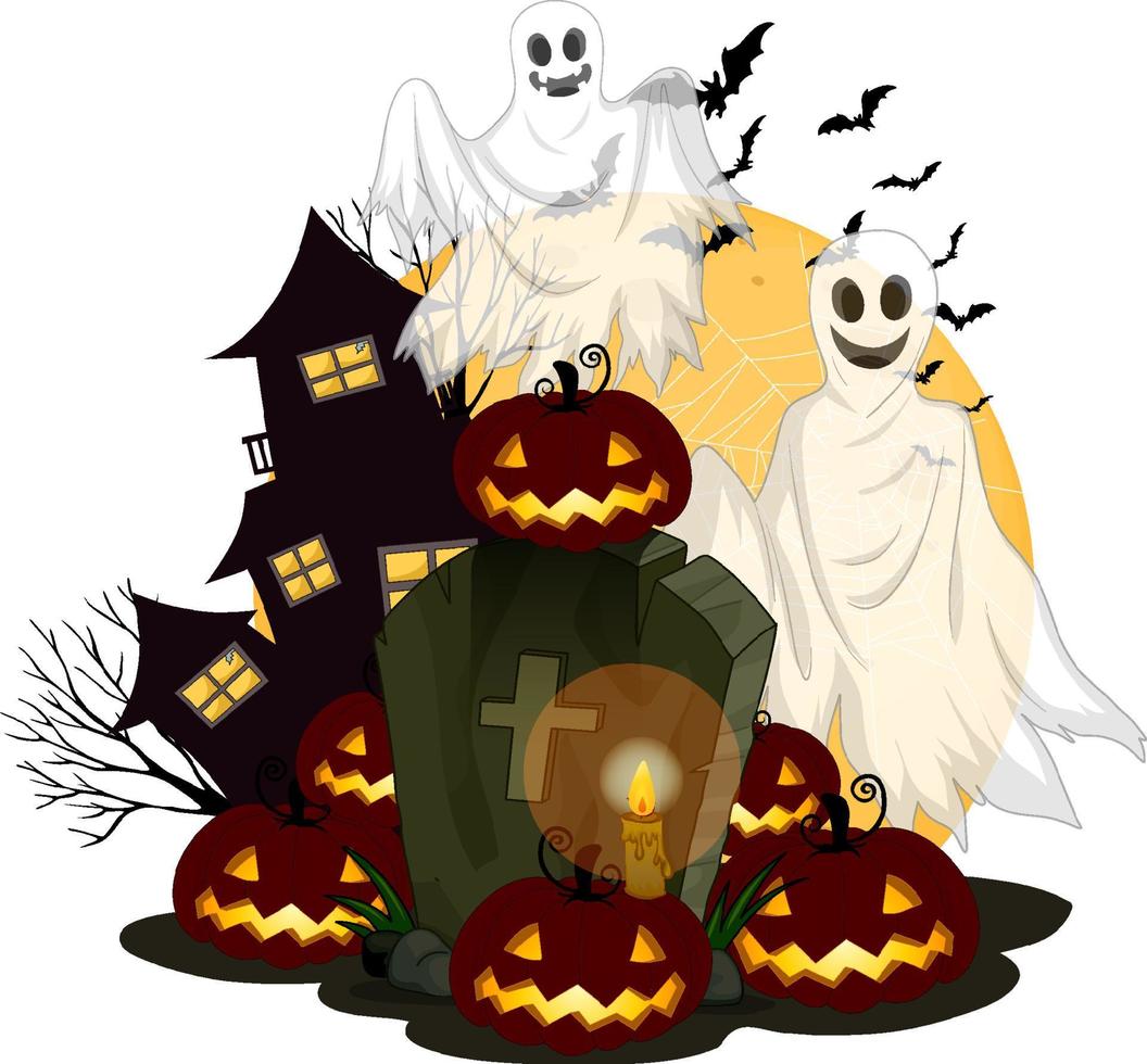 fantômes d'halloween avec citrouille-lanterne et maison hantée vecteur