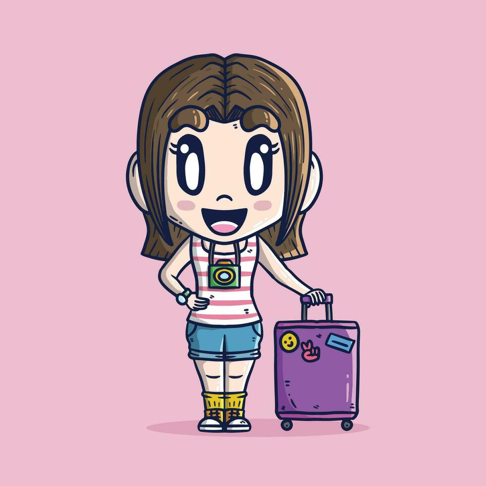 mignonne fille en voyageant sur vacances dessin animé vecteur illustration. main tiré vecteur illustration.