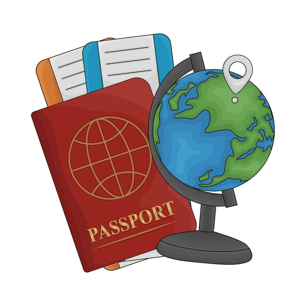 billet dans passeport livre avec emplacement dans globe illustration vecteur