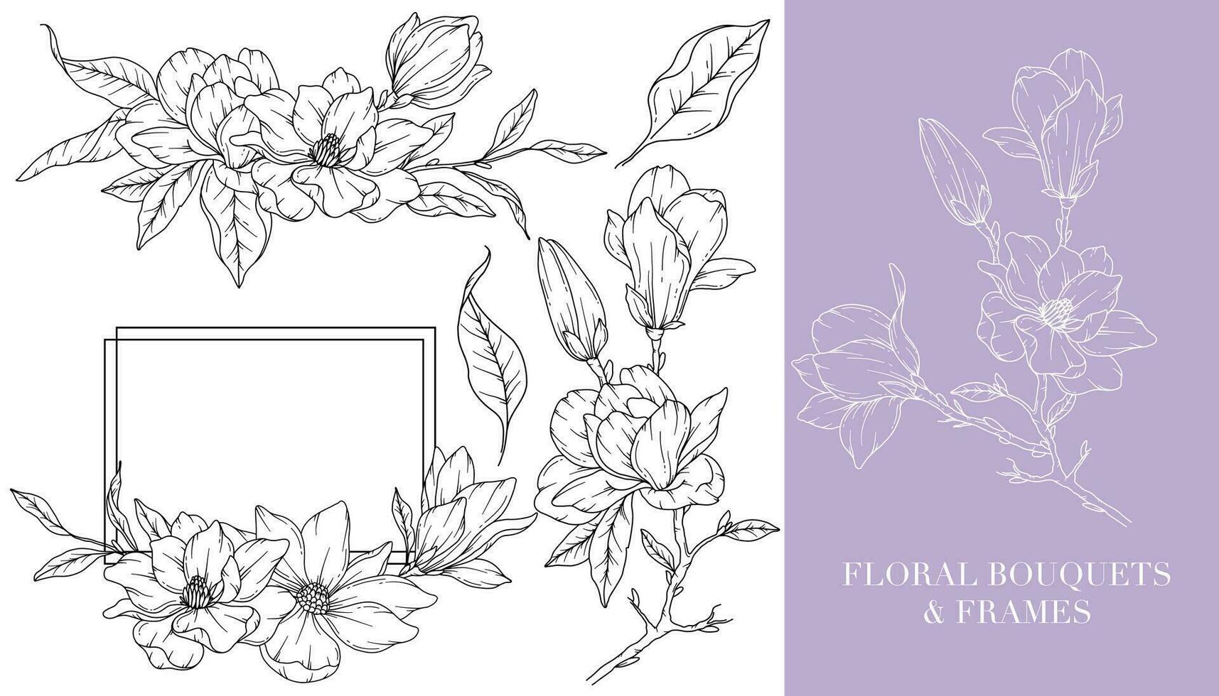 magnolia ligne dessin. floral cadres et bouquets. floral ligne art. bien ligne magnolia cadres main tiré illustration. main tiré contour magnolias. botanique coloration page. magnolia isolé vecteur