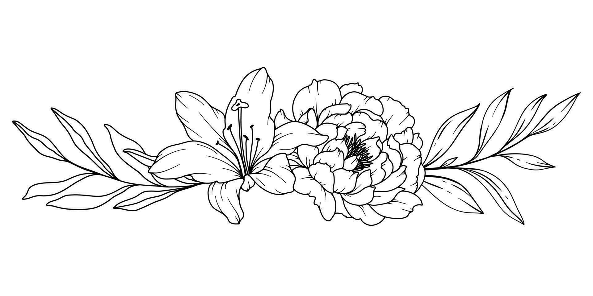 pivoine ligne dessin. noir et blanc floral bouquets. fleur coloration page. floral ligne art. bien ligne pivoine illustration. main tiré fleurs. botanique coloration. mariage invitation fleurs vecteur