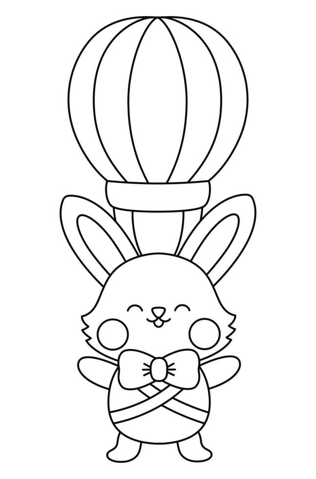 vecteur noir et blanc Pâques lapin icône pour enfants. mignonne ligne kawaii lapin illustration ou coloration page. marrant dessin animé lièvre personnage. traditionnel printemps vacances symbole en volant sur chaud air ballon